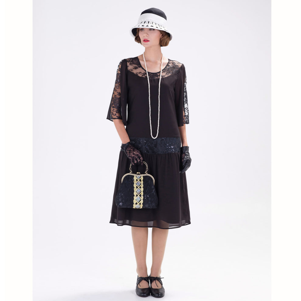 Black 1920s chiffon dress with lace detail on the yoke – LaVieDelight