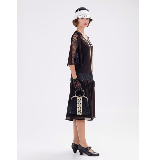 Black chiffon roaring 20s dress with black lace, which shimmers slightly under the light. Can be worn as Great Gatsby dress or Downton Abbey dress