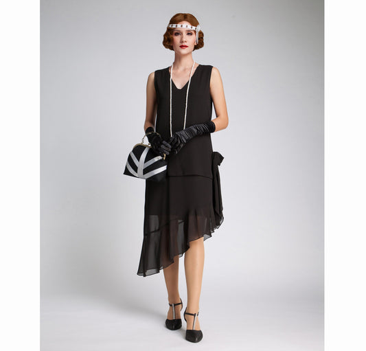 1920s evening dress in black chiffon and asymmetrical skirt - a vintage-inspired Roaring Twenties dress