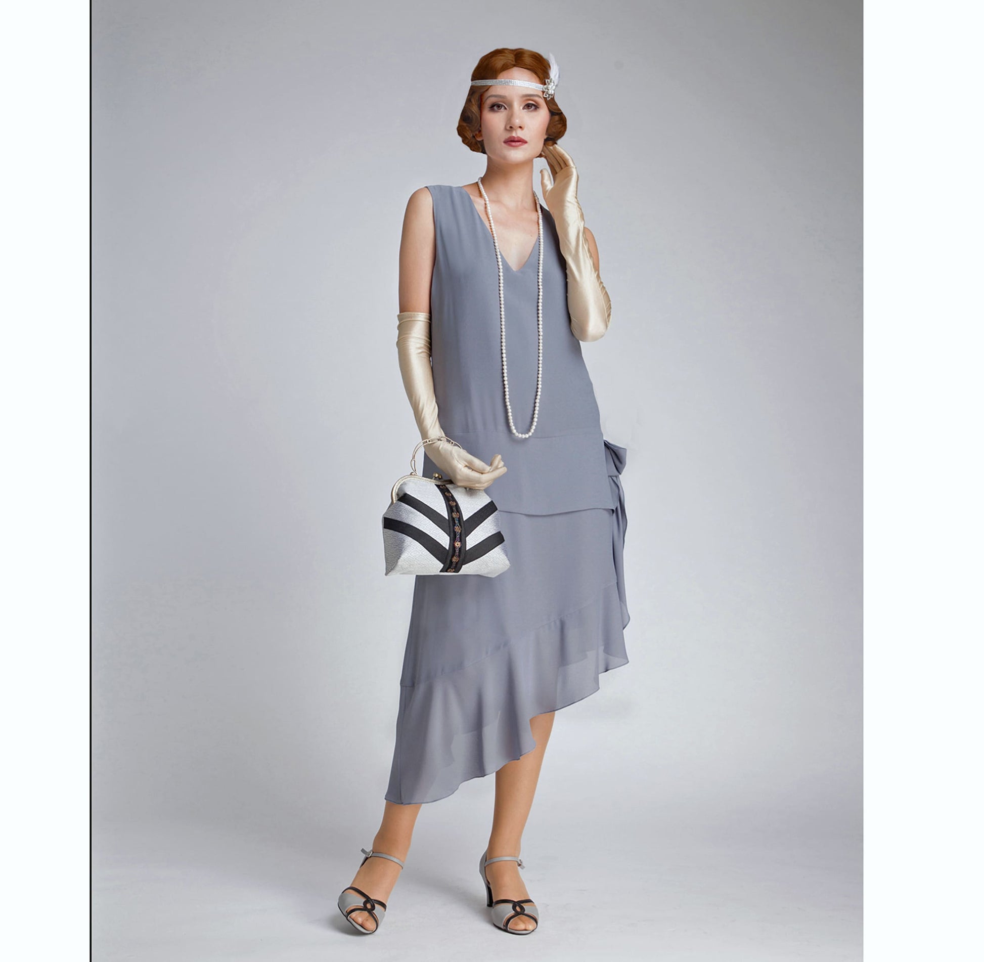 Grey Great Gatsby dress with asymmetrical skirt
