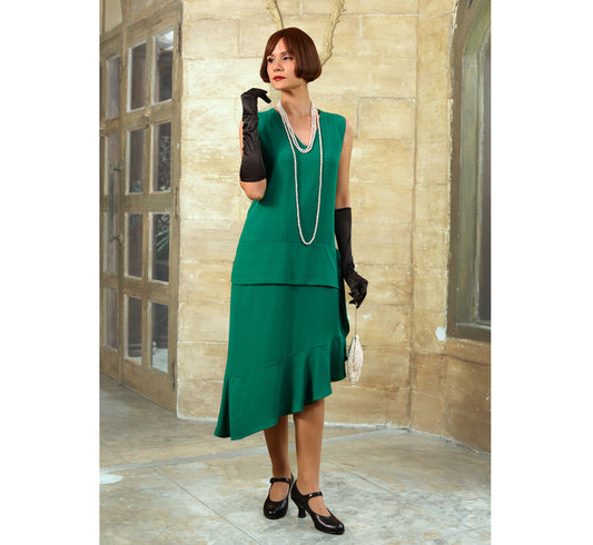 Green Gatsby dress with asymmetrical skirt - a vintage-inspired Roaring Twenties dress