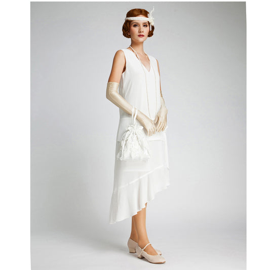 Off-white Great Gatsby dress with an asymmetrical skirt hem - a vintage-inspired Roaring Twenties dress