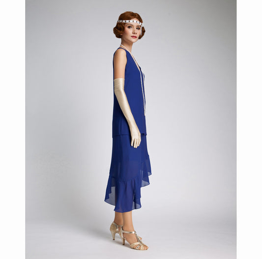 Dark blue 1920s formal dress with asymmetrical skirt. The robe années can be worn as Great Gatsby dress, flapper dress or Lady Mary dress.