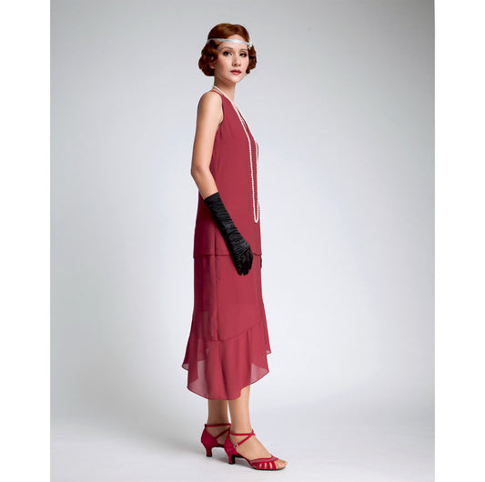 Maroon red 1920s flapper dress with asymmetrical skirt