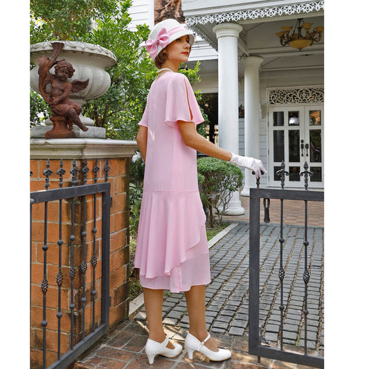Great Gatsby cloche hat made of off-white cotton and pink chiffon
