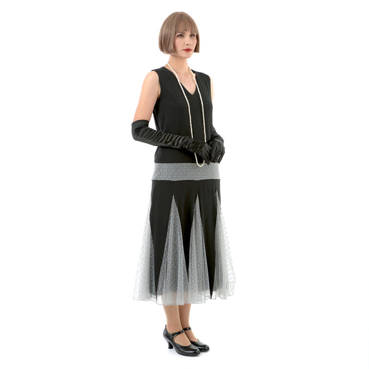 1920s evening dress in black chiffon and grey tulle lace godets - a 1920s-inspired evening dress
