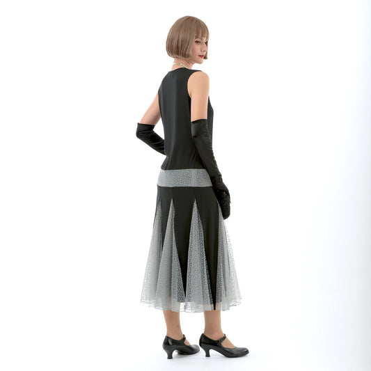 A stylish black and grey 1920s fashion chiffon and tulle dress, perfect for Great Gatsby parties
