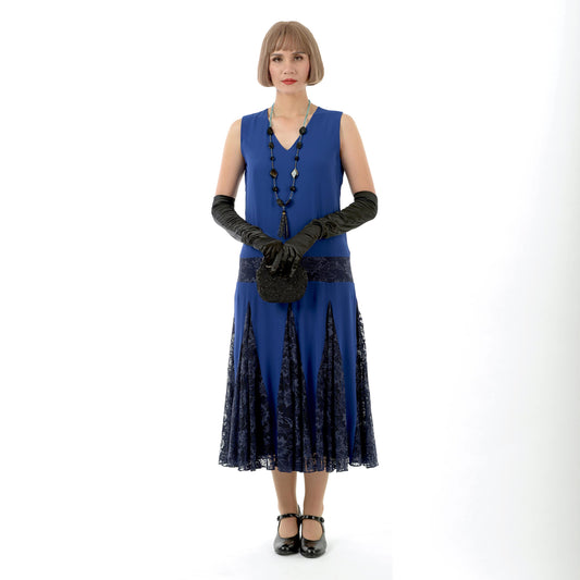 Great Gatsby dress in dark blue chiffon and black tulle skirt godets - a vintage-inspired gown