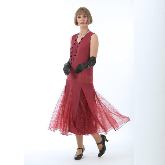 1920s fashion dress in maroon red chiffon with red tulle godets - a 1920s-inspired dress