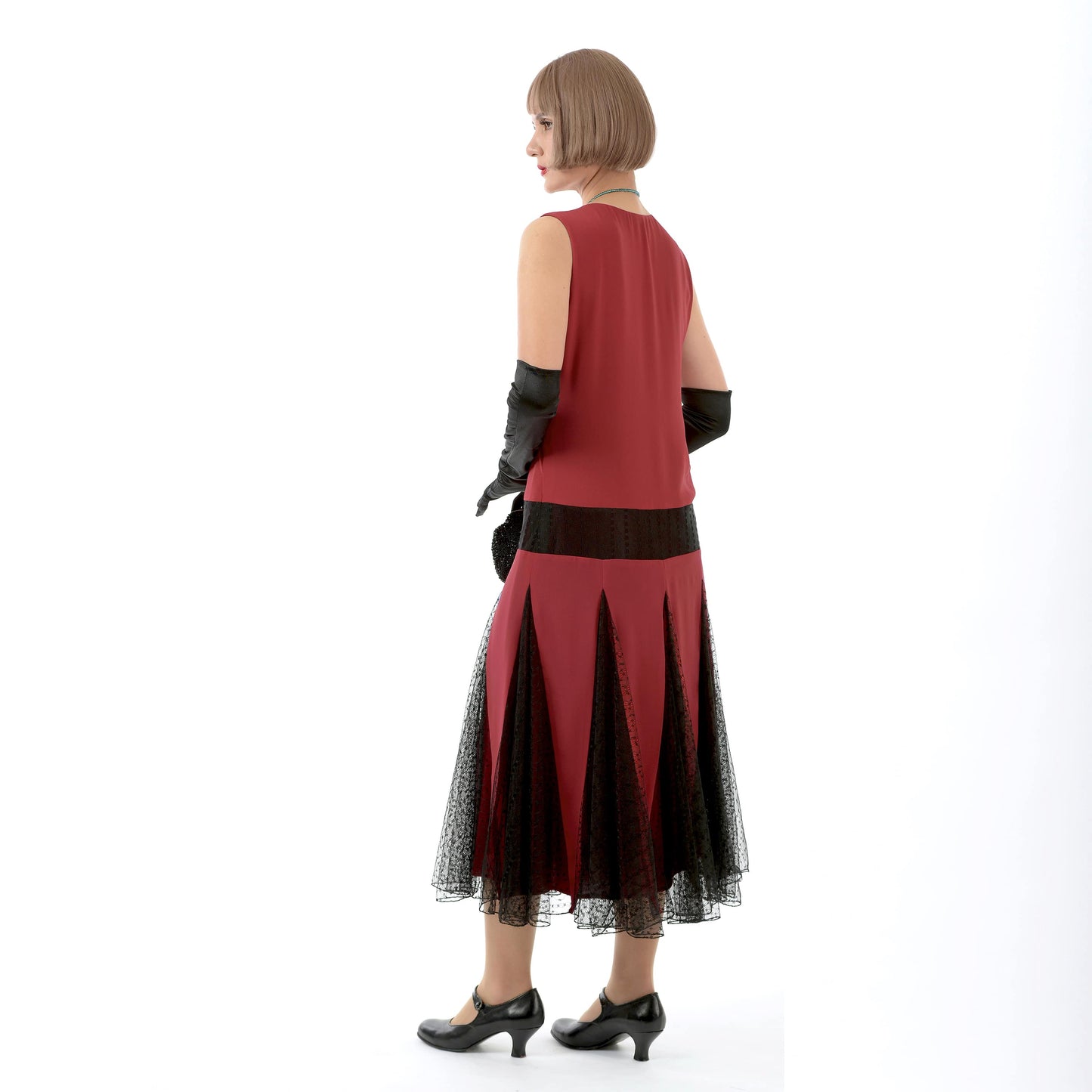 Maroon red chiffon flapper dress with black tulle godets