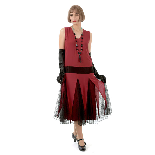 Maroon red flapper dress with black tulle godets - a vintage-inspired gown