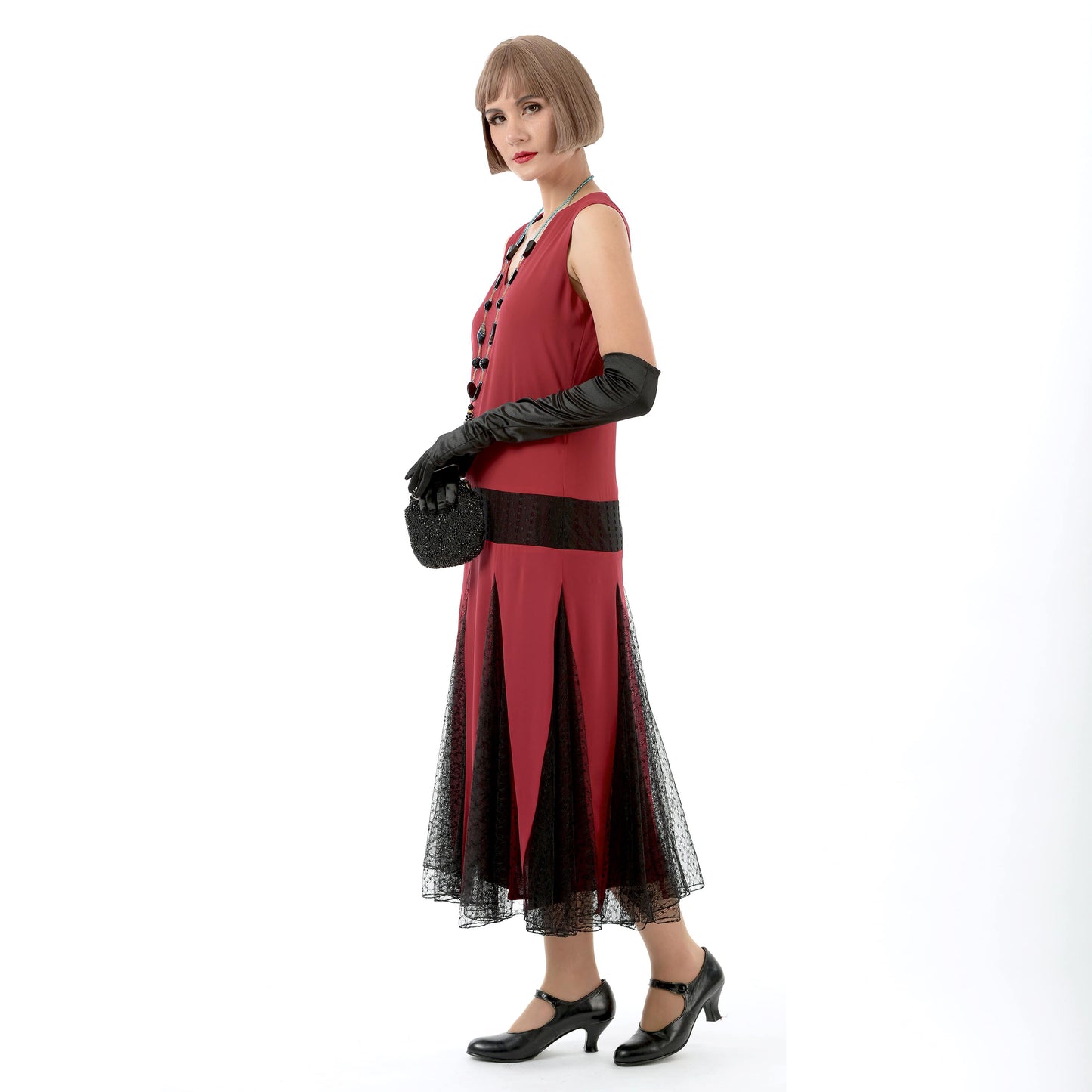 Maroon red 1920S evening dress with black tulle lace zig zag details. This 1920s fashion dress can be worn as Great Gatsby dress or flapper dress.