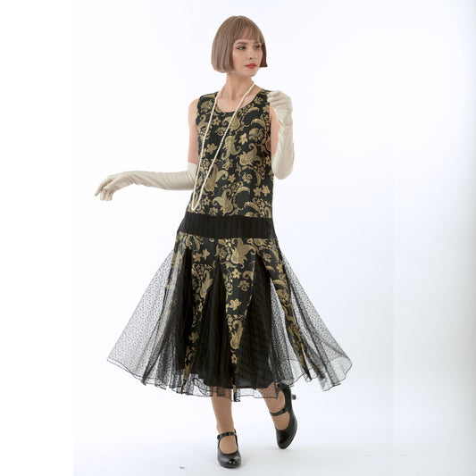 1920s evening dress in black and gold satin with black skirt godets - a 1920s-inspired evening gown