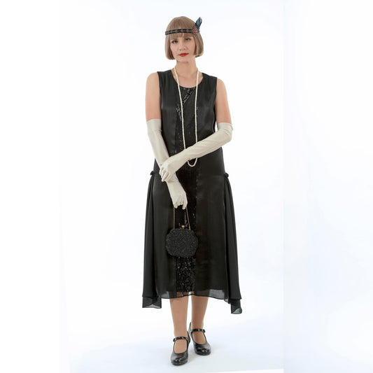 Black metallic chiffon 1920s reproduction dress with black sequined fabric. The 1920s dress can be worn as Jazz Age evening dress or Great Gatsby formal dress.