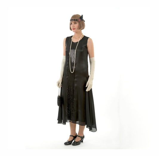 1920s formal evening dress in black metallic chiffon and sequined detail - a roaring 20s evening dress
