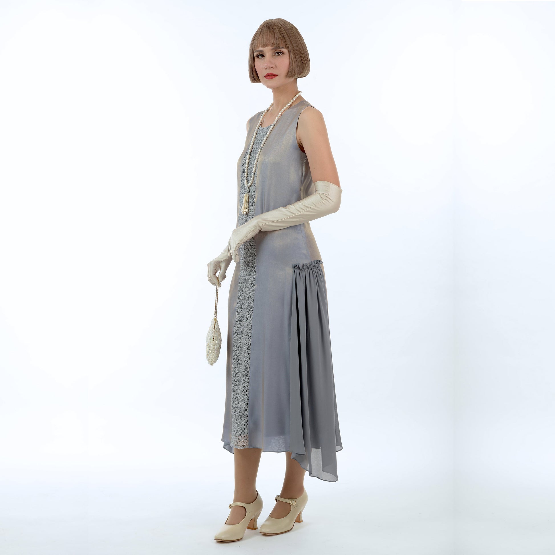 1920s formal dress in metallic grey with lace detail 1920s formal dress in metallic grey with lace detail