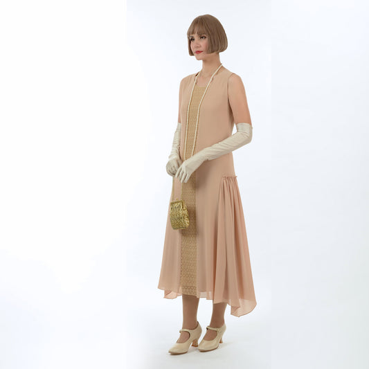 Roaring 20s formal evening dress in light brown with lace detail - a vintage-style evening dress