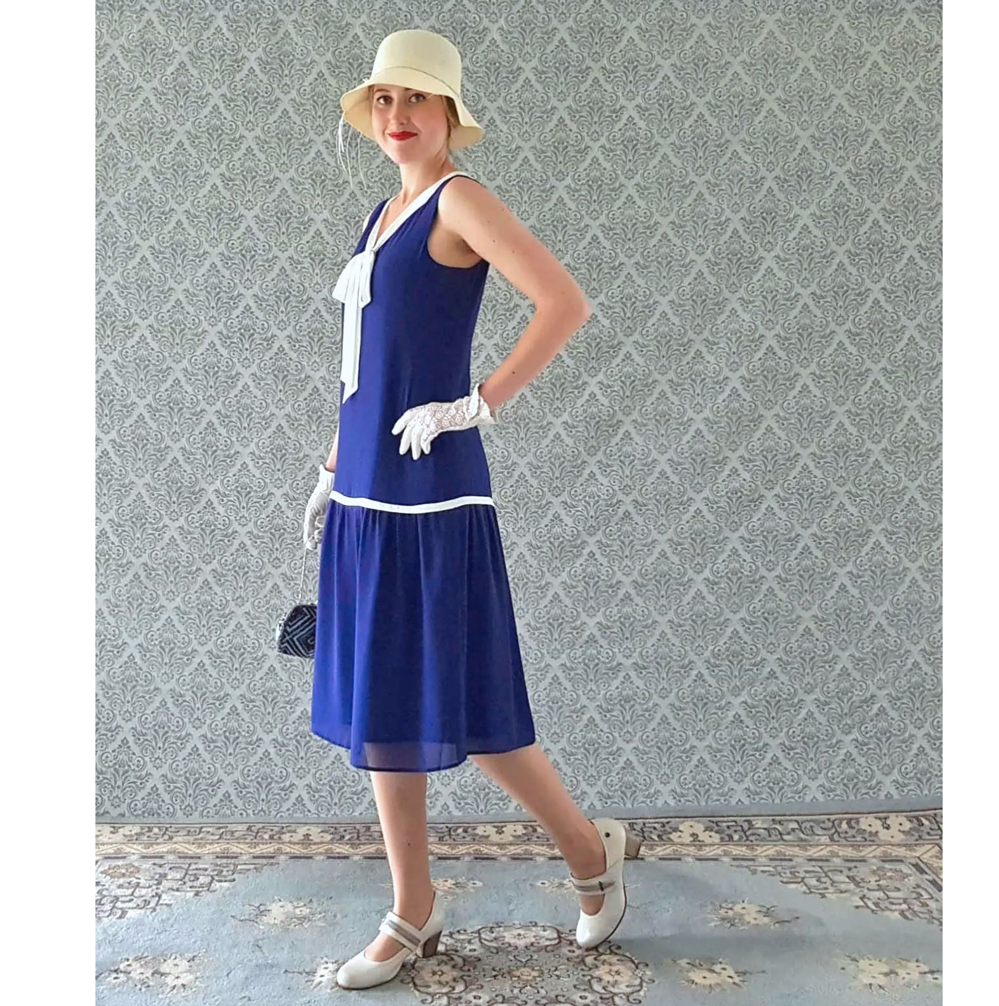 Dark blue nautical flapper dress with off-white details. Can be worn as a Great Gatsby dress, flapper dress, Art Deco dress or Charleston dress.