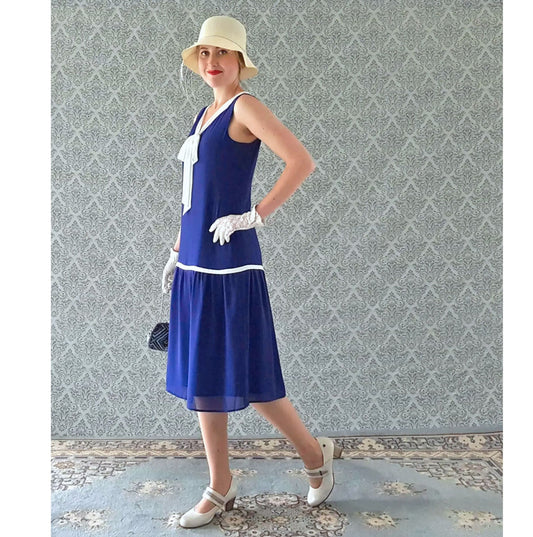 Dark blue nautical flapper dress with off-white details. Can be worn as a Great Gatsby dress, flapper dress, Art Deco dress or Charleston dress.