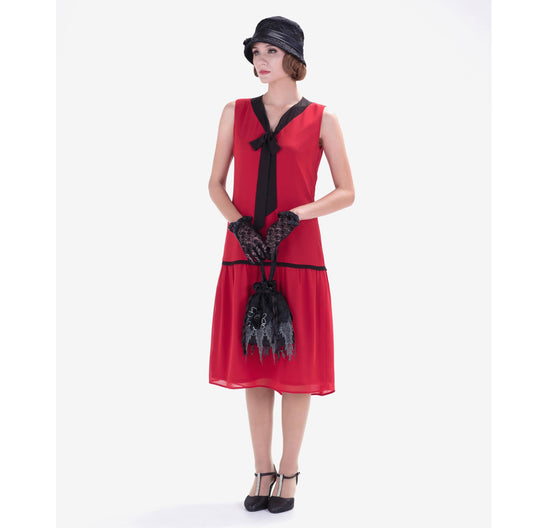 Little red chiffon flapper dress with a black bow - a vintage-inspired Roaring Twenties dress