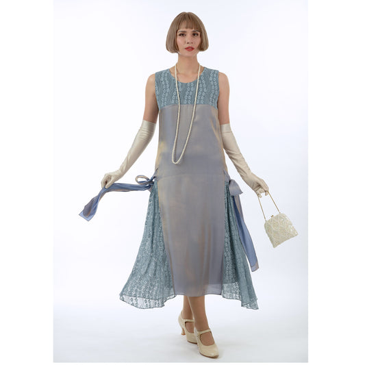 Formal Great Gatsby dress in metallic grey with lace details