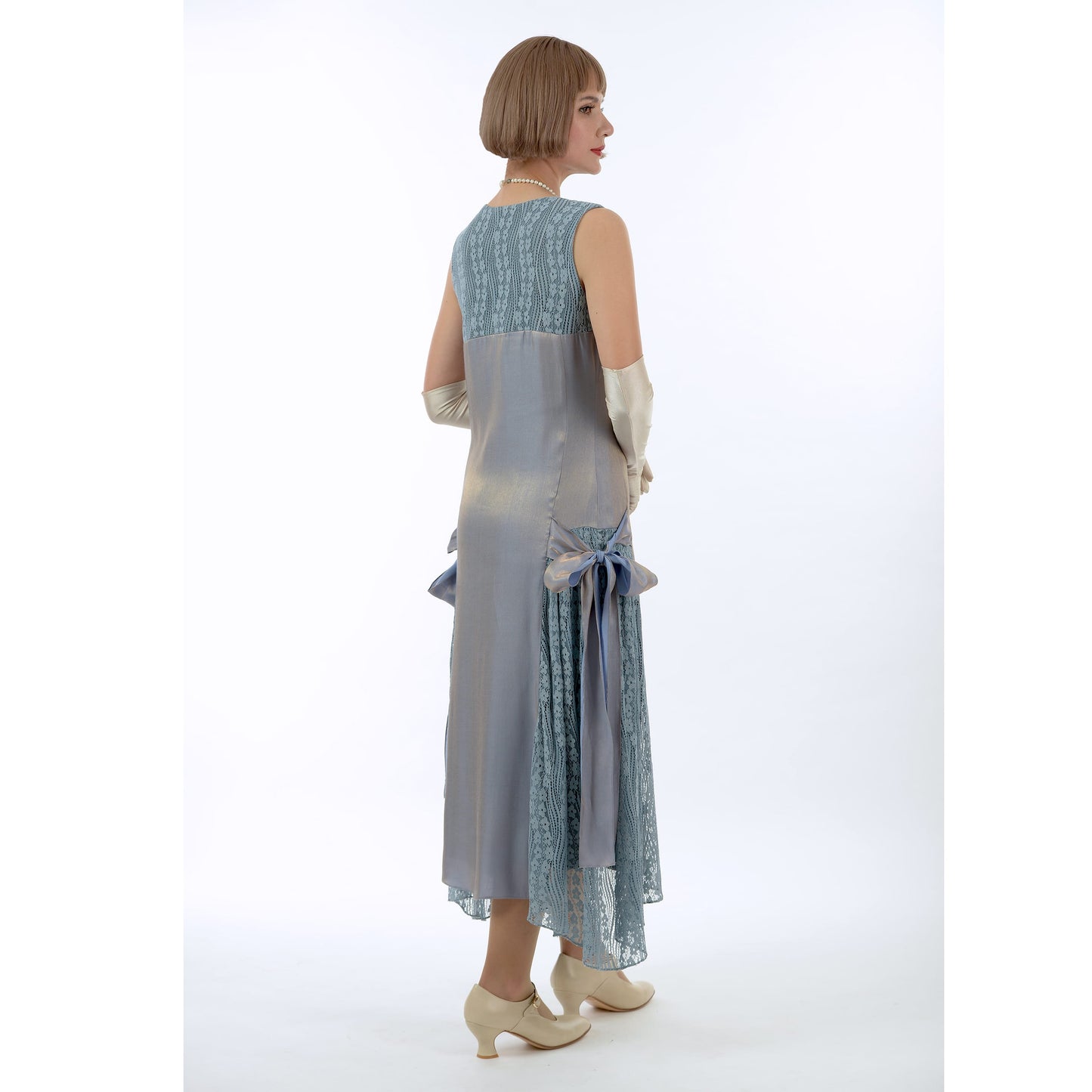 Formal Great Gatsby dress in metallic grey with lace details