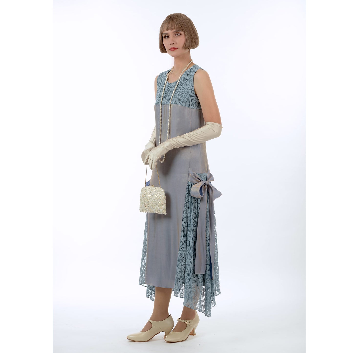 Formal Great Gatsby dress in metallic grey with lace details - a roaring 20s inspired dress