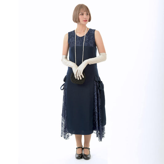 Dark blue 1920s-inspired satin and lace formal evening dress