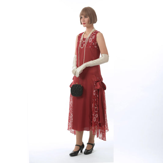 1920s flapper dress in dark red satin and lace - a roaring twenties formal evening dress