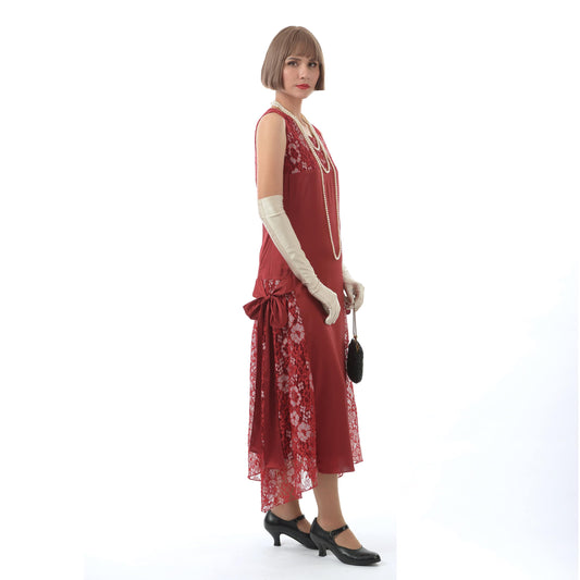 1920s flapper dress in dark red satin and lace