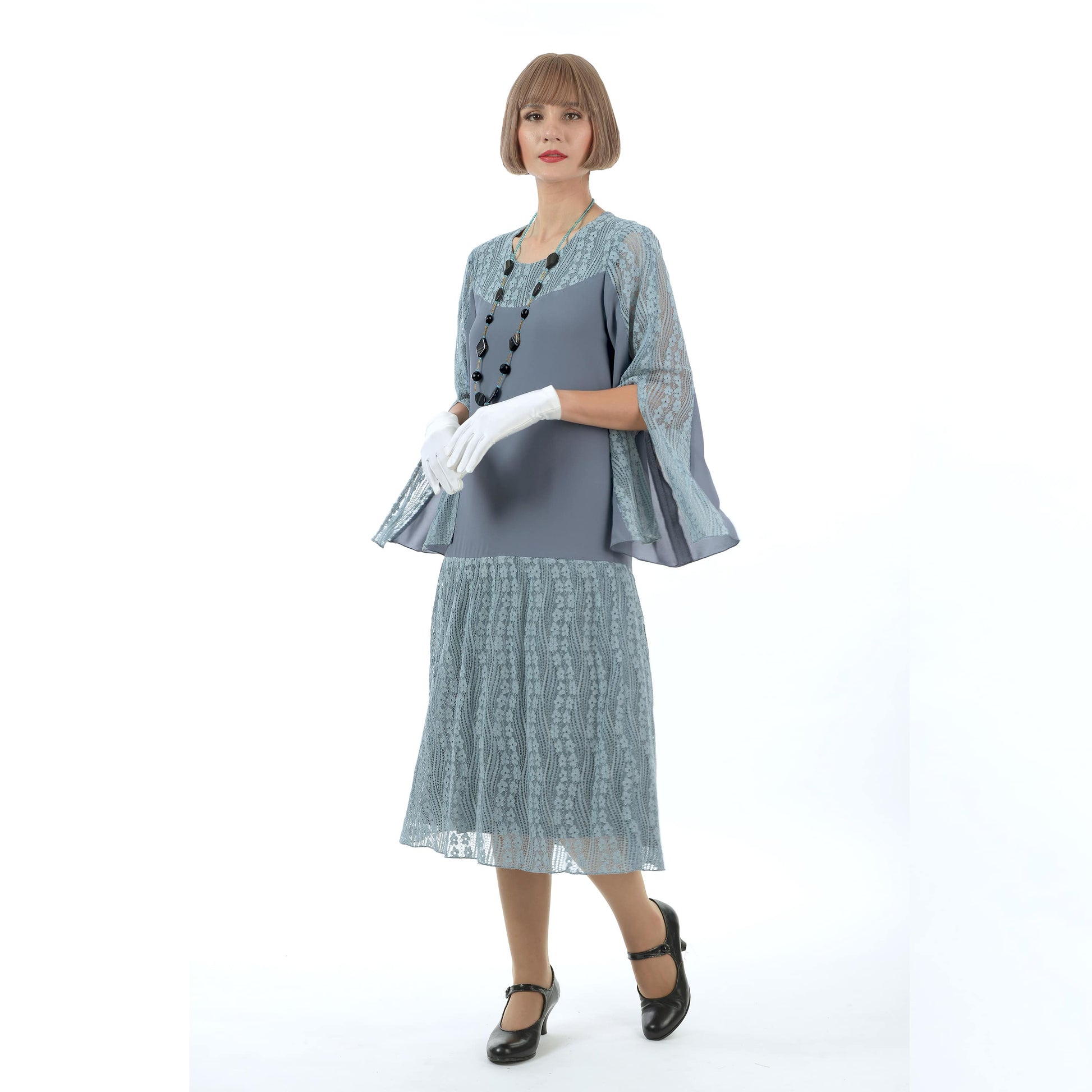 Grey chiffon and lace 1920s dress with long slit sleeves Grey chiffon and lace 1920s dress with long slit sleeves