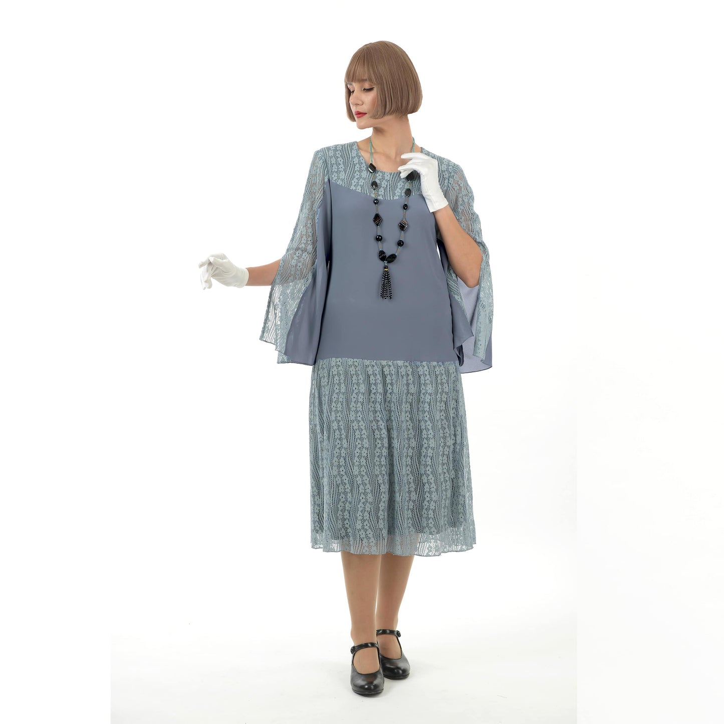 Grey chiffon and lace 1920s dress with long slit sleeves