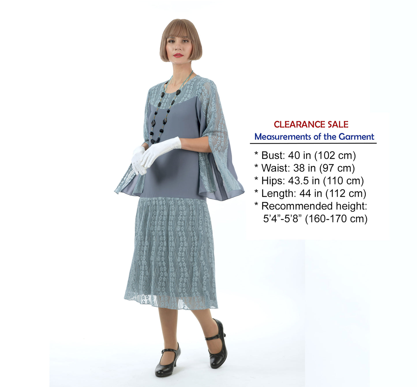 CLEARANCE: Grey chiffon and lace 1920s dress with long slit sleeves