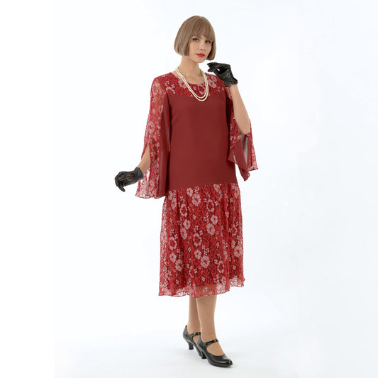 Maroon red chiffon and lace 1920s reproduction dress with slit sleeves - a vintage-inspired 1920s dress