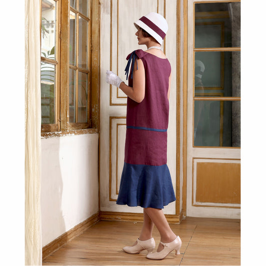 Linen 1920s dress in dark burgundy and navy blue with boat neckline. The 1920s fashion dress can be worn as Great Gatsby dress or Downton Abbey dress.