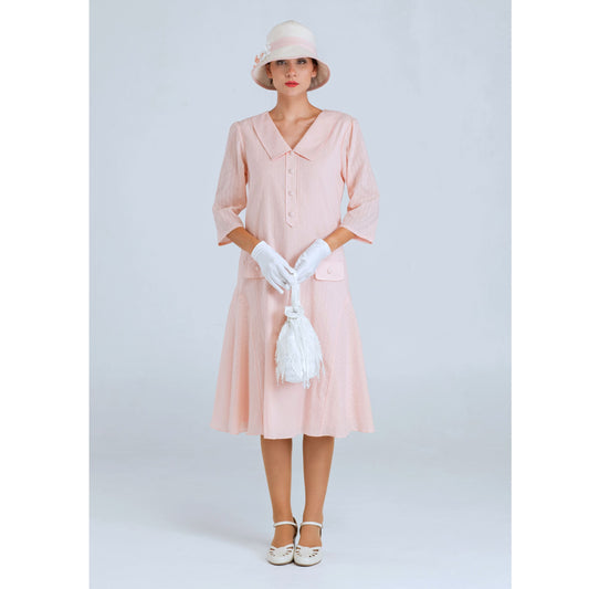 1920s cotton dress in pale peach with small puritan collar & 3/4 sleeves - a Roaring Twenties dress