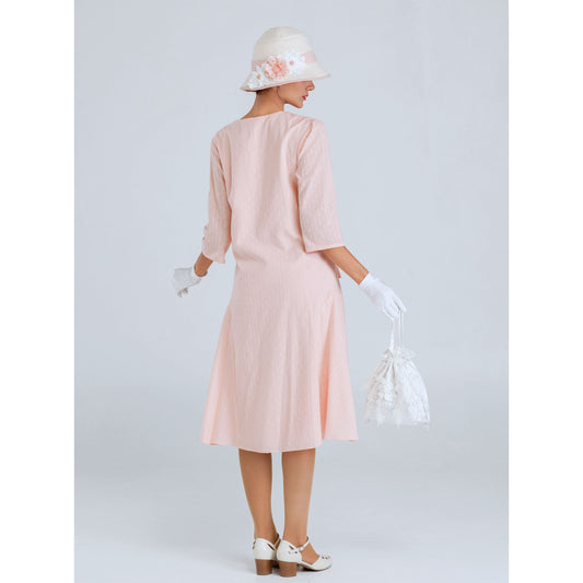 1920s cotton dress in pale peach with small puritan collar & 3/4 sleeves