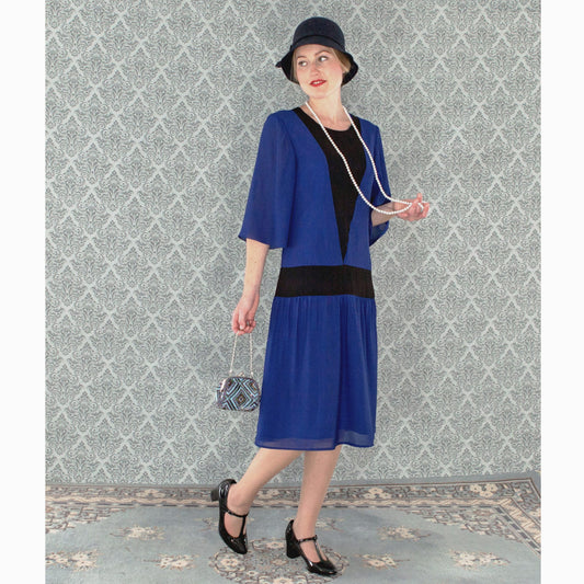 Dark blue and black Great Gatsby party dress with elbow length sleeves - a vintage-inspired Roaring Twenties dress