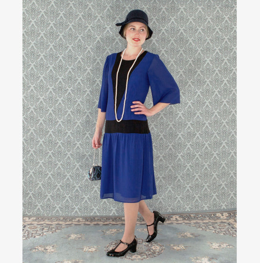 Dark blue and black Great Gatsby party dress with elbow length sleeves