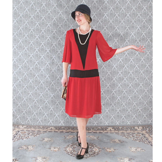 1920s red flapper dress with elbow length sleeves - a vintage-inspired Roaring Twenties dress