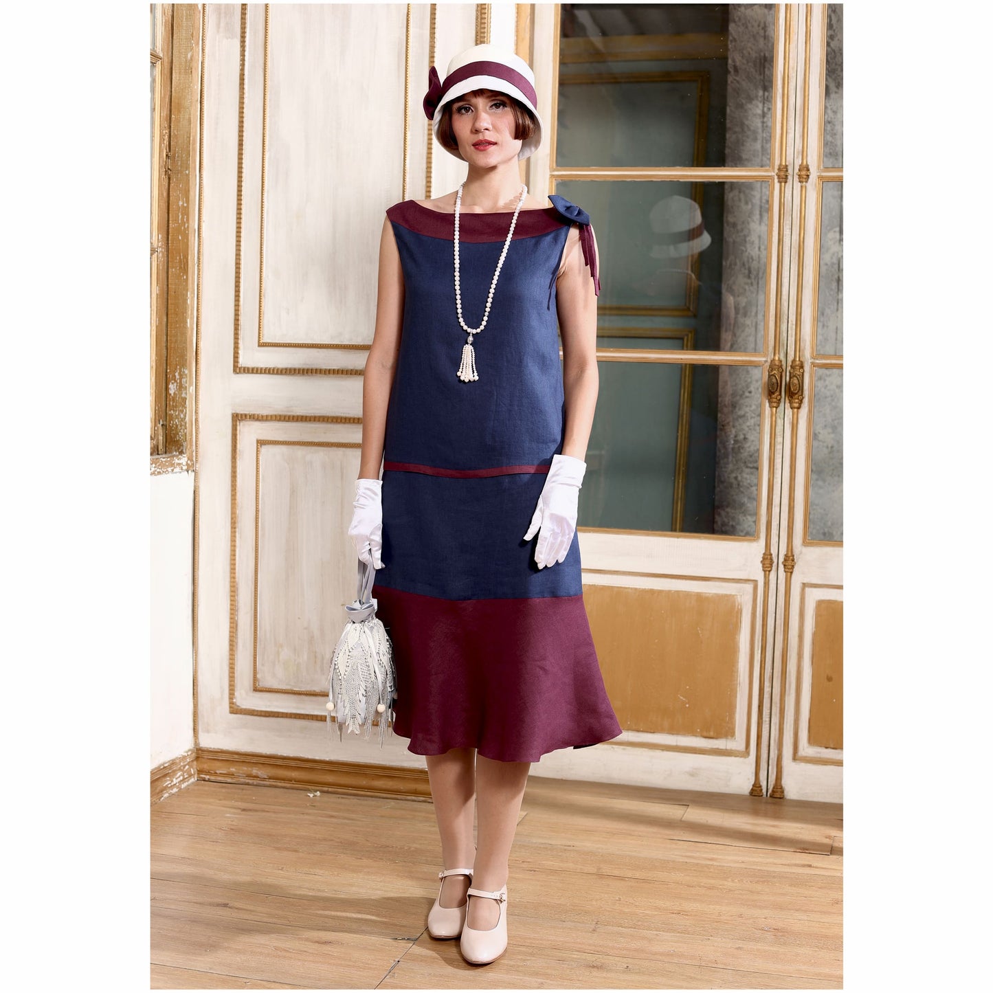 Navy blue and burgundy 1920s drop waist linen dress with a boat neck