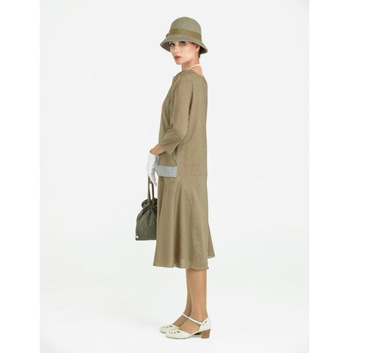 Linen Great Gatsby dress in dark olive green with grey details. This 1920s dress can be worn as a Downton Abbey dress or 1920s high tea dress.