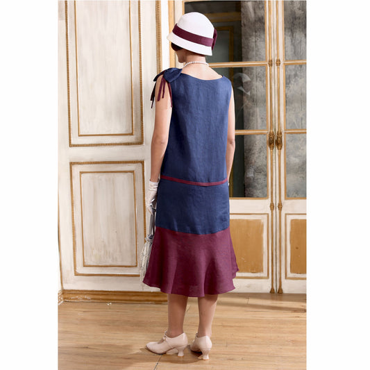 Linen 1920s dress in navy blue and dark burgundy with boat neck. The 1920s fashion dress can be worn as Great Gatsby dress or Downton Abbey dress.