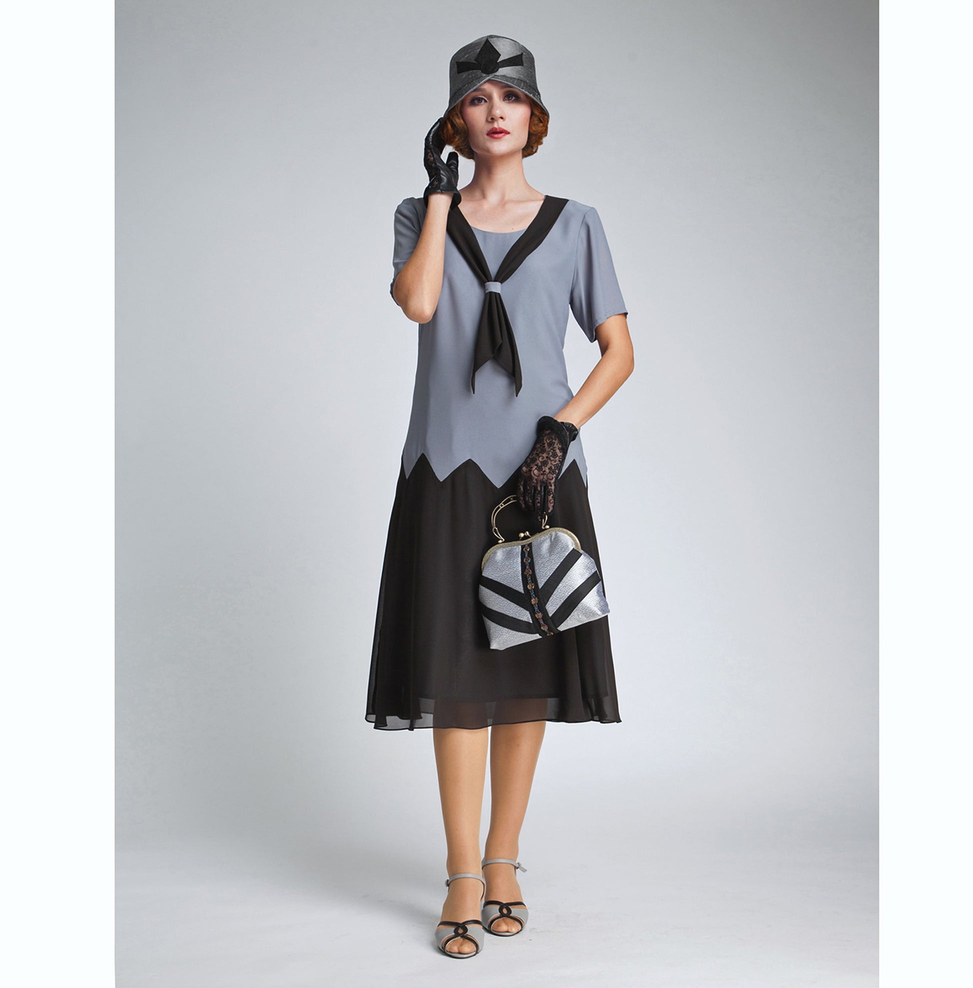1920s dress in grey and black with zig zag details 1920s dress in grey and black with zig zag details