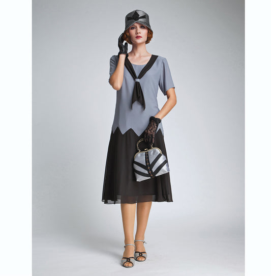 1920s dress in grey and black with zig zag details - a vintage-inspired Roaring Twenties dress