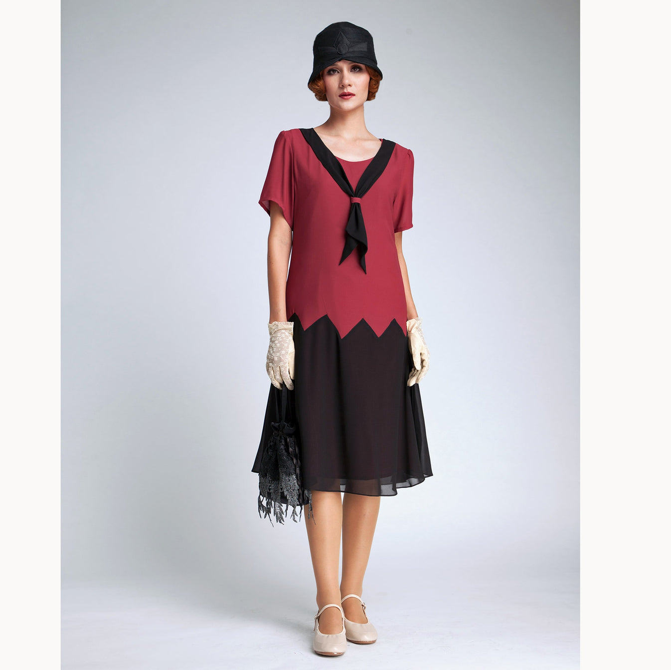 1920s inspired dress in maroon red and black with zig zag detail ...