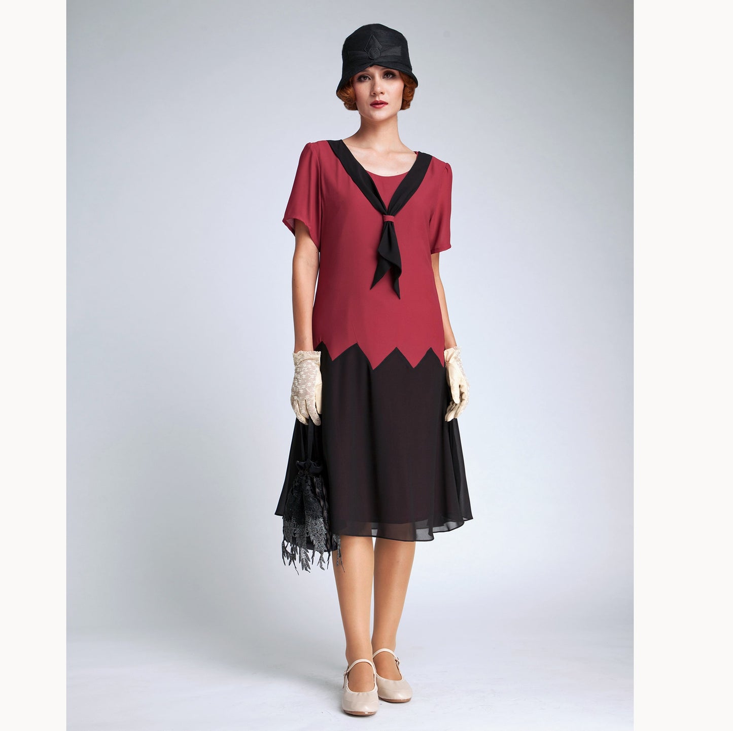 1920s inspired dress in maroon red and black with zig zag detail 1920s inspired dress in maroon red and black with zig zag detail