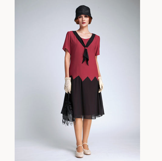 1920s inspired dress in maroon red and black with zig zag detail - a vintage-inspired Roaring Twenties dress