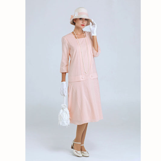 Pale peach Jazz Age Lawn party dress with square neck and 3/4 sleeves - a vintage-inspired Roaring Twenties dress