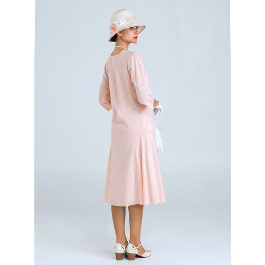 Pale peach Jazz Age Lawn party dress with square neck and 3/4 sleeves